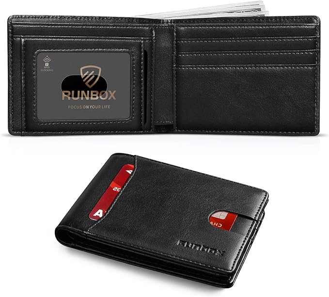 RUNBOX Wallet for Men Slim 11 Credit Card Holder Slots Leather RFID Blocking Small Thin Mens Wallet Bifold Minimalist Front Pocket Large Capacity Gift